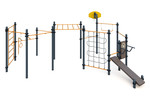Three uneven bars, Hammer grip bar, 
Wall bars, backboard, parallel bars for push-ups, 
Gymnastic rings, horizontal bar, vertical bar and  inclined bench for press exercises, a rop