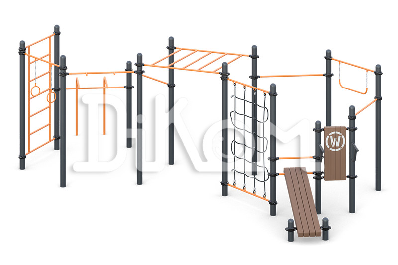 Three multi-level bars, chinning bar with grip "Hammer", 
Gymnastic wall, backboard, parallel bars for push-ups, 
Sweden bar wall, arm walk, push-ups bars,
gymn