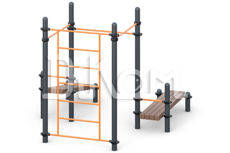 Sweden chinning bar, 3 horizontal bars 
classical grip, 
2 inclined benches 
for bench press exercises