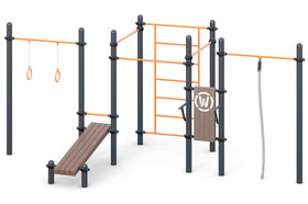 Gymnastic rings, 
3 classical grip climbing bars, 
Rope, Swedenwall bars,
 parallel bars, inclined bench for bench press