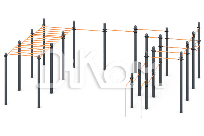 Multilevel Handlebar, 
Eight horizontal bars with classic
eight classical handholds, parallel bars, rings,
“Hammer” Chinning Bar Grip