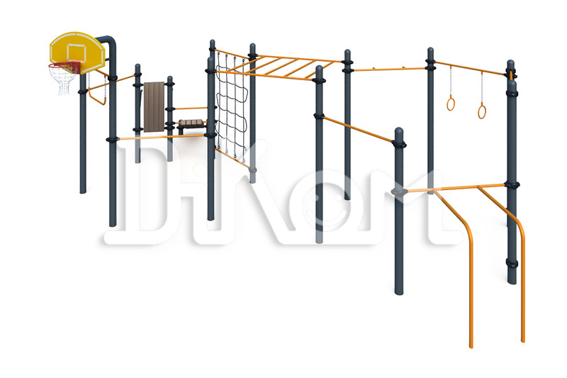 Three uneven bars, Hammer grip bar, 
Wall bars, backboard, parallel bars for push-ups, 
Gymnastic rings, horizontal bar, vertical bar and  inclined bench for press exercises, a rop