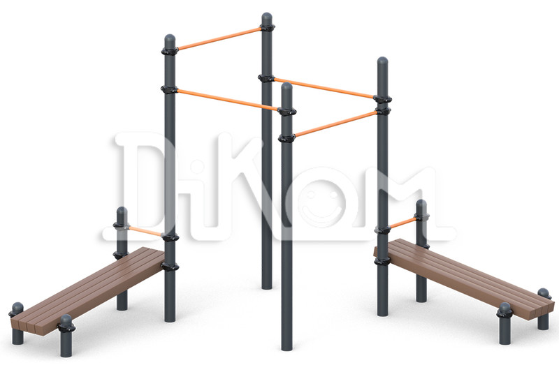 Cascade of multi-level horizontal bars 
with two benches for press