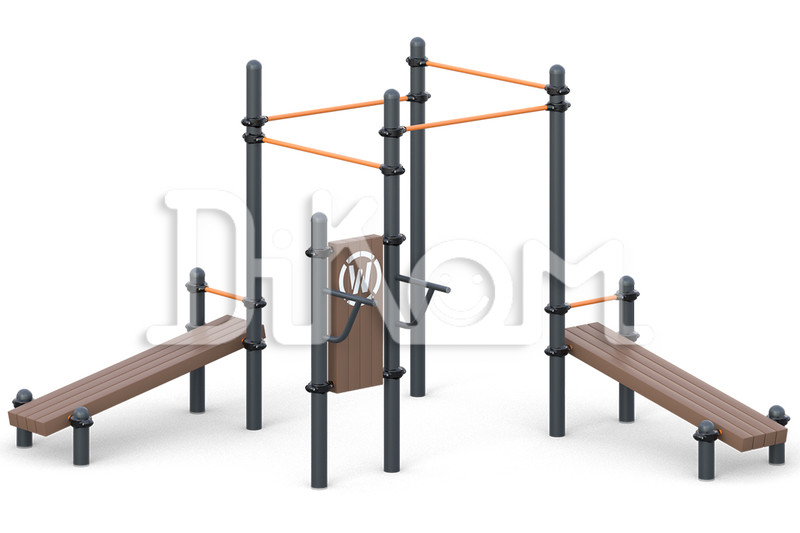 Four Chinning Bar 
a classical grip 
Two incline benches for abs exercises,
bars