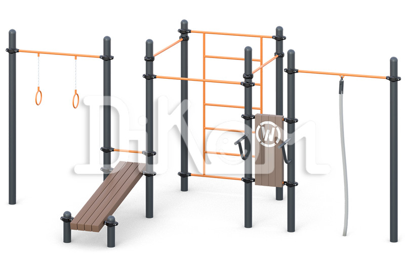 Gymnastic rings, 
3 classical grip climbing bars, 
Rope, Swedenwall bars,
 parallel bars, inclined bench for bench press